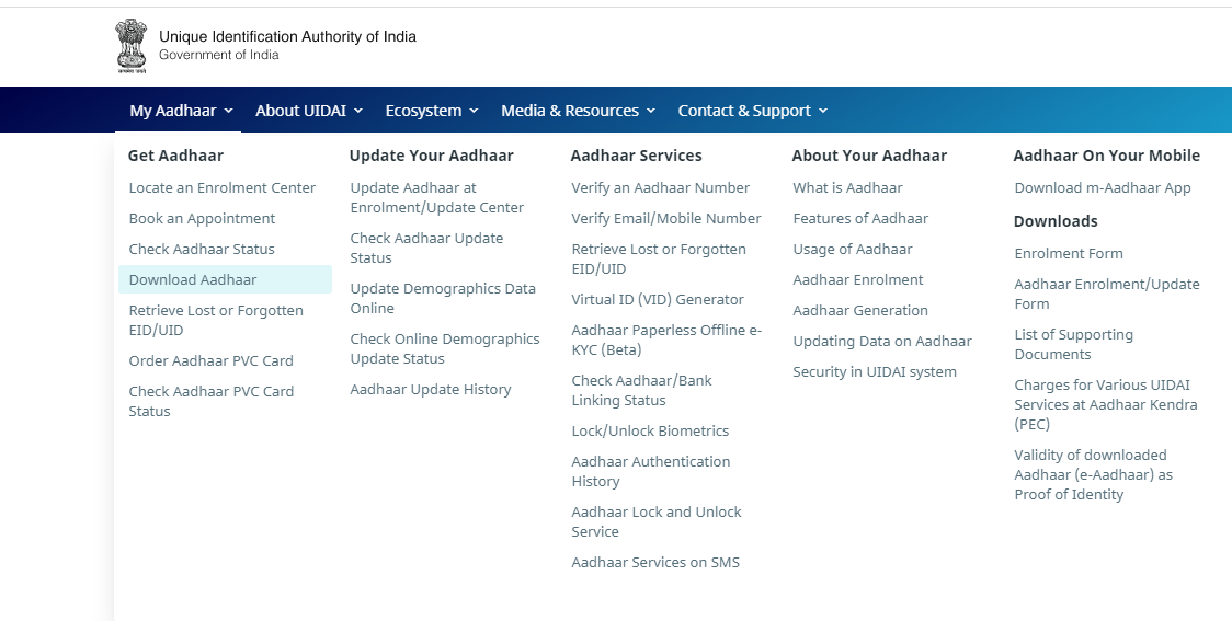 UIDAI website menu screenshot to download aadhaar card