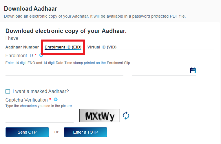 Screenshot on UIDAI website to get Aadhaar card via Enrolment ID 