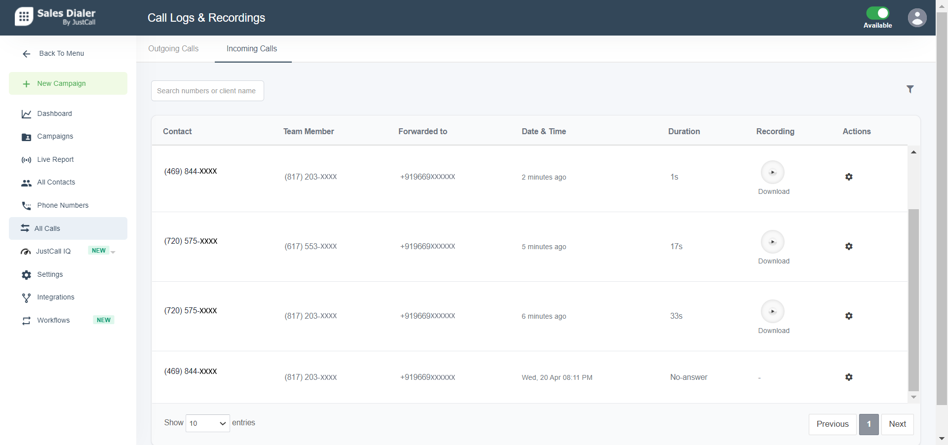 JustCall Incoming Call Tracking Feature