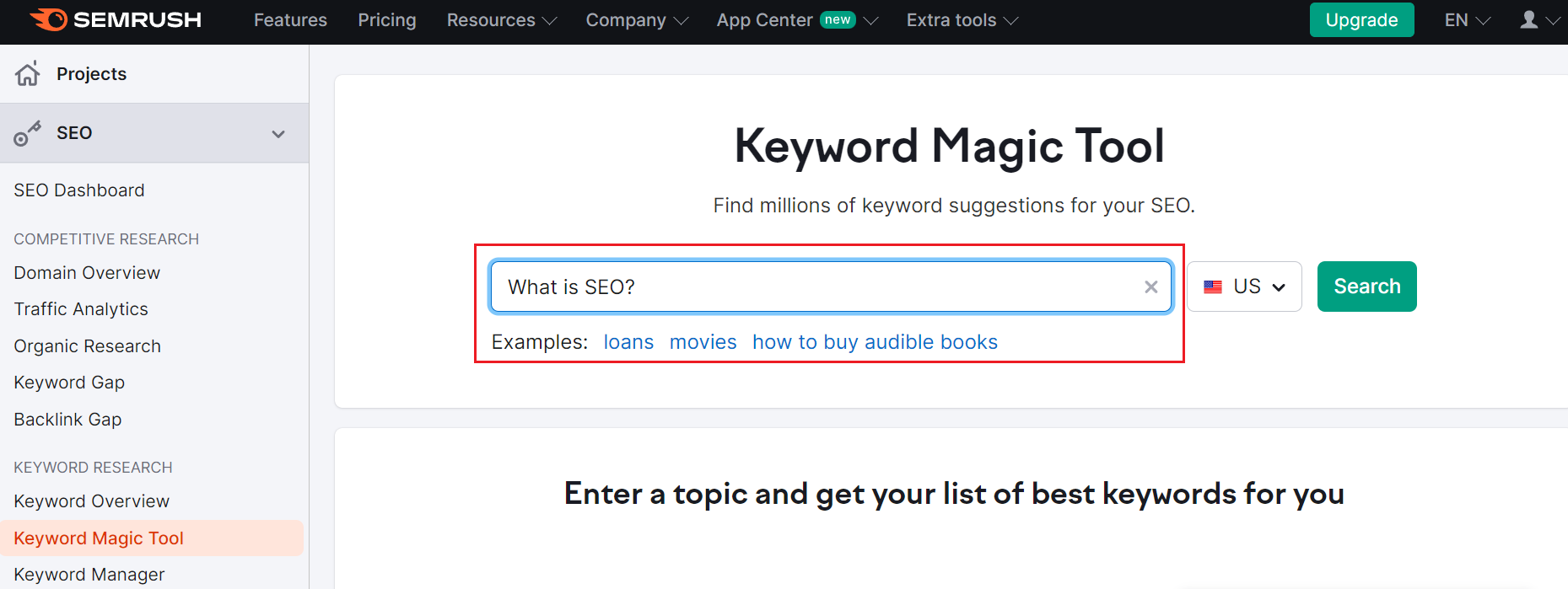 Semrush Keyword Magic tool search bar