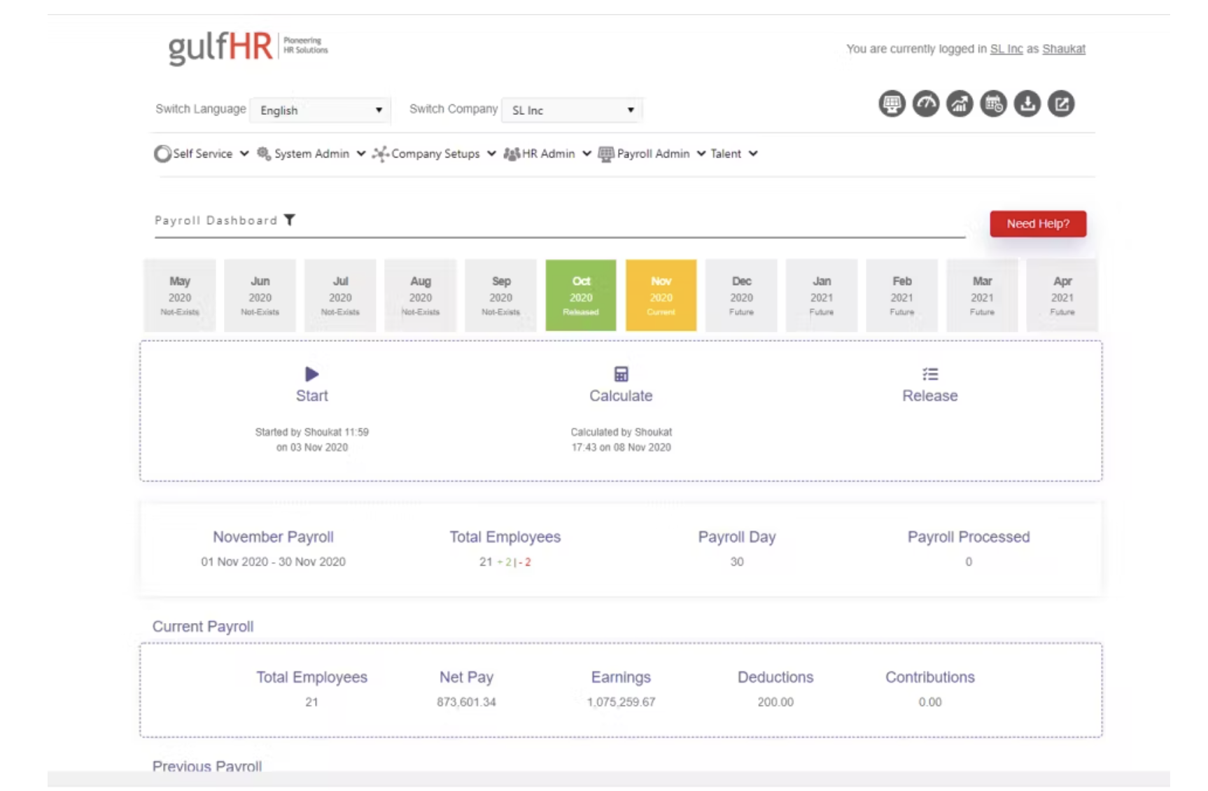 GulfHR HRMS Dashbaord Screenshot