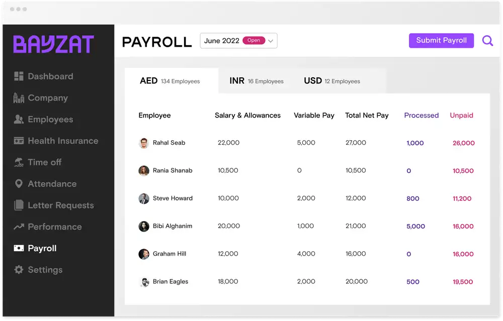 Bayzat HRMS Software Dashboard View