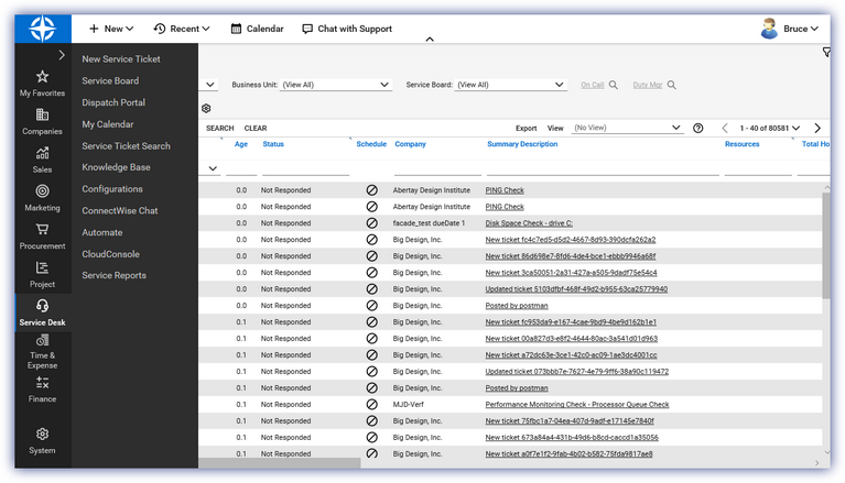 ConnectWise Service Desk dashboard showing a list of service tickets with status, schedule, and summary details.