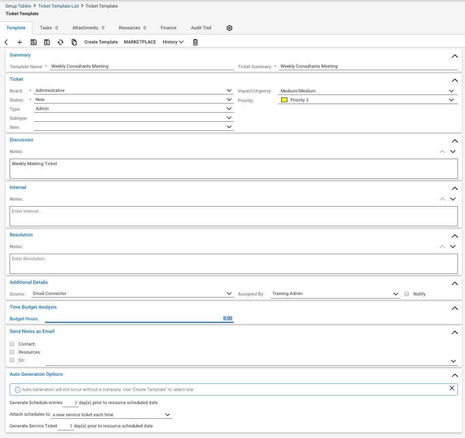 ConnectWise ticket template setup screen for a weekly consultants meeting, showing ticket details, priority, budget hours, and auto-generation options.