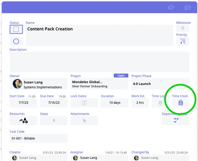 ConnectWise project task screen showing details for 'Content Pack Creation' with assigned owner, dates, estimated work hours, and a highlighted Time Clock icon.
