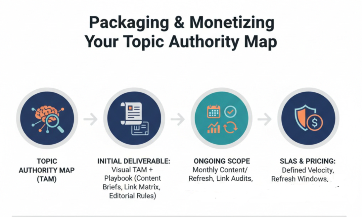 Agency roadmap infographic showing topic mapping, deliverables, content, SLAs, and pricing
