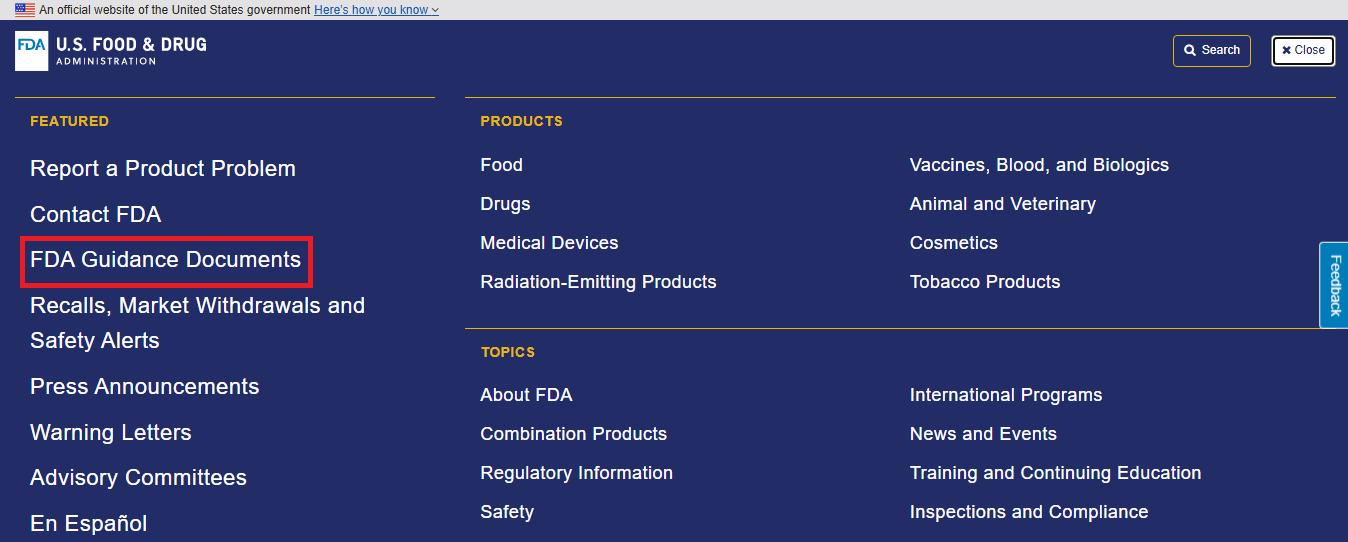 A real-life screenshot of the FDA’s official website, highlighting the FDA Guidance Documents.