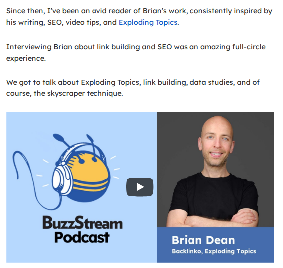 A real-life screenshot referring to Brian Dean's podcast posted on Backlinko. 